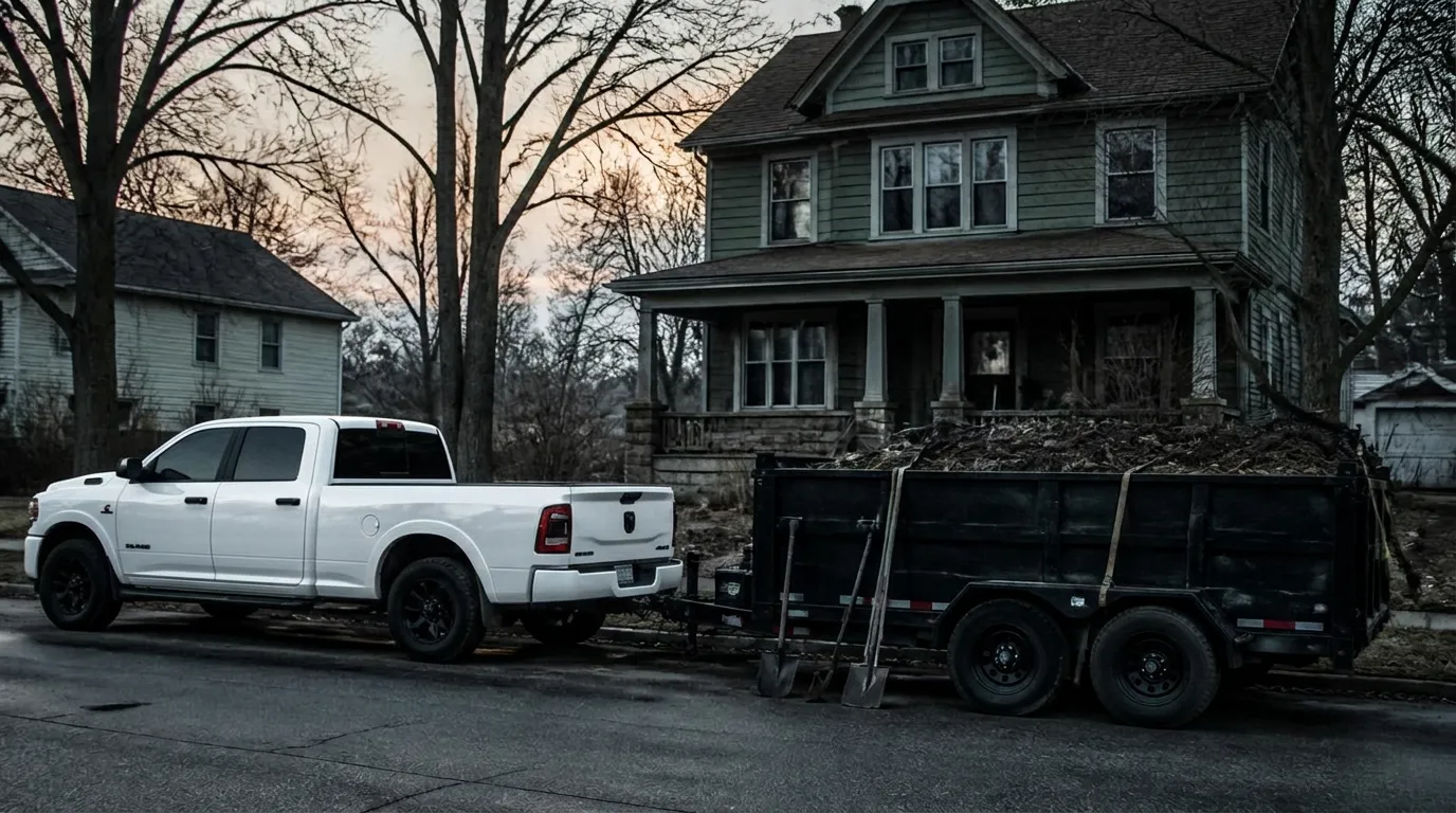 Clean Out Kings pickup truck and loaded dump trailer parked outside a Cleveland home